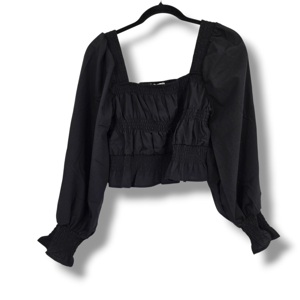 Miss Selfie Black Smocked Puff Sleeve Crop Top‎ XL Square Neck Boho Cotton Blend